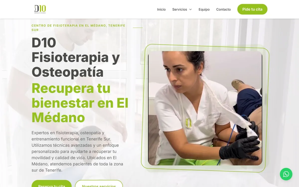 Web de D10 Fisioterapia y Osteopatía en El Médano, diseñada por Namura