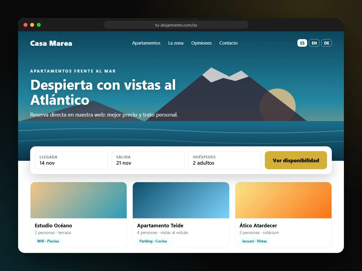 Ejemplo de diseño de web para apartamentos turísticos con buscador de disponibilidad y selector de idioma