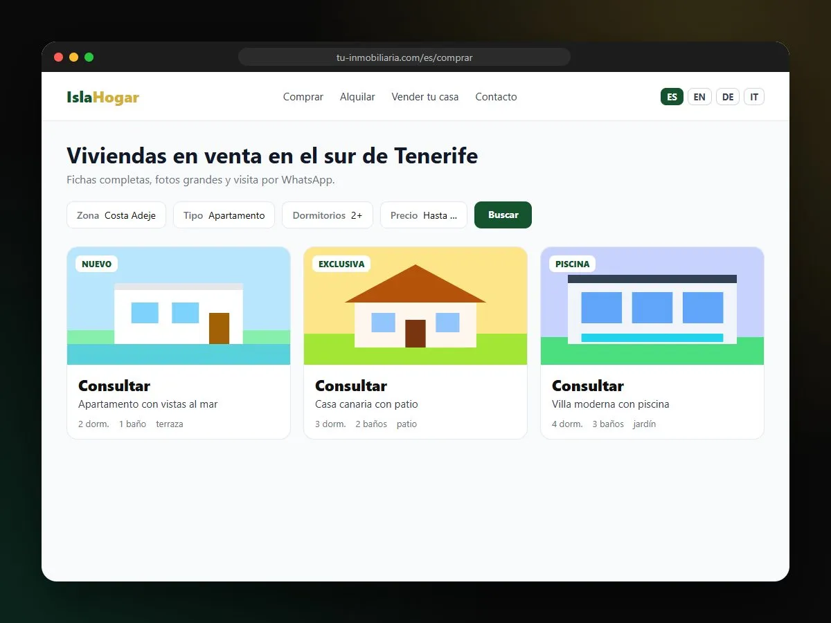 Ejemplo de diseño de web inmobiliaria con buscador de viviendas y selector de idioma