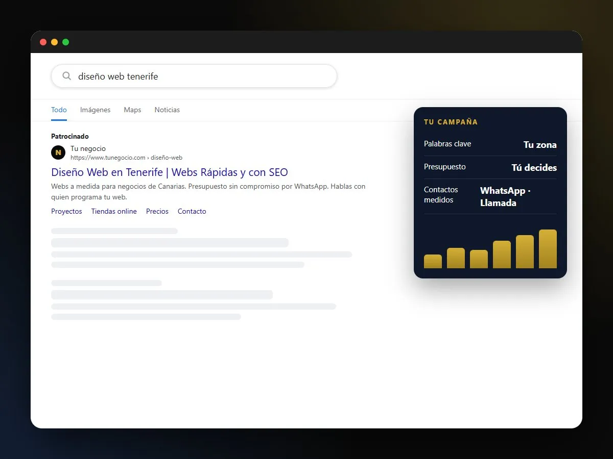 Ejemplo de anuncio patrocinado en Google para la búsqueda diseño web Tenerife
